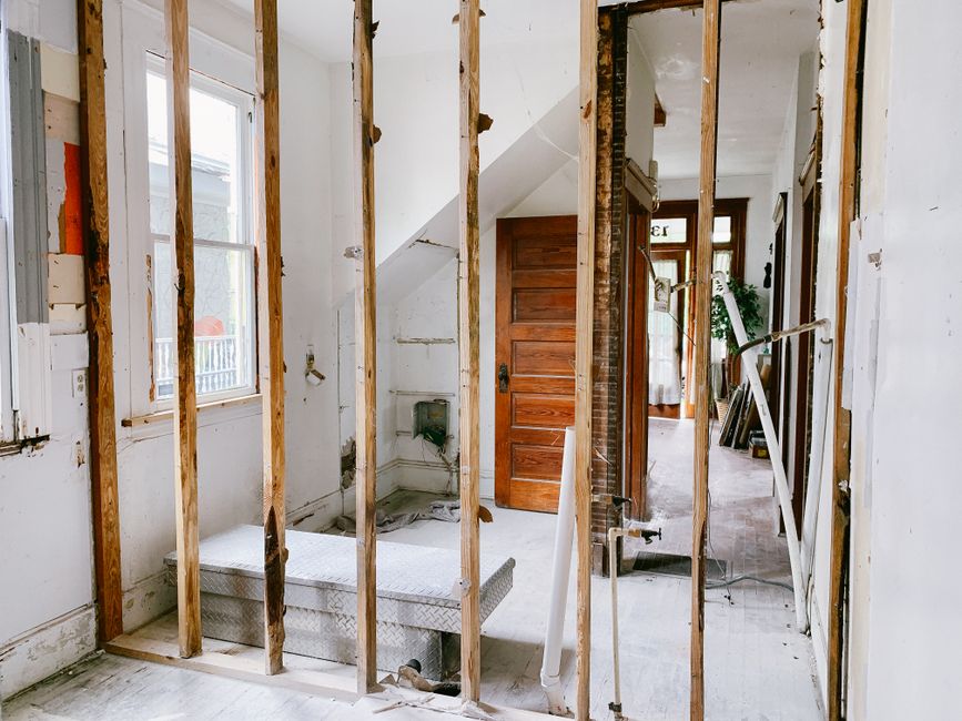 Stud walls exposed during a home renovation